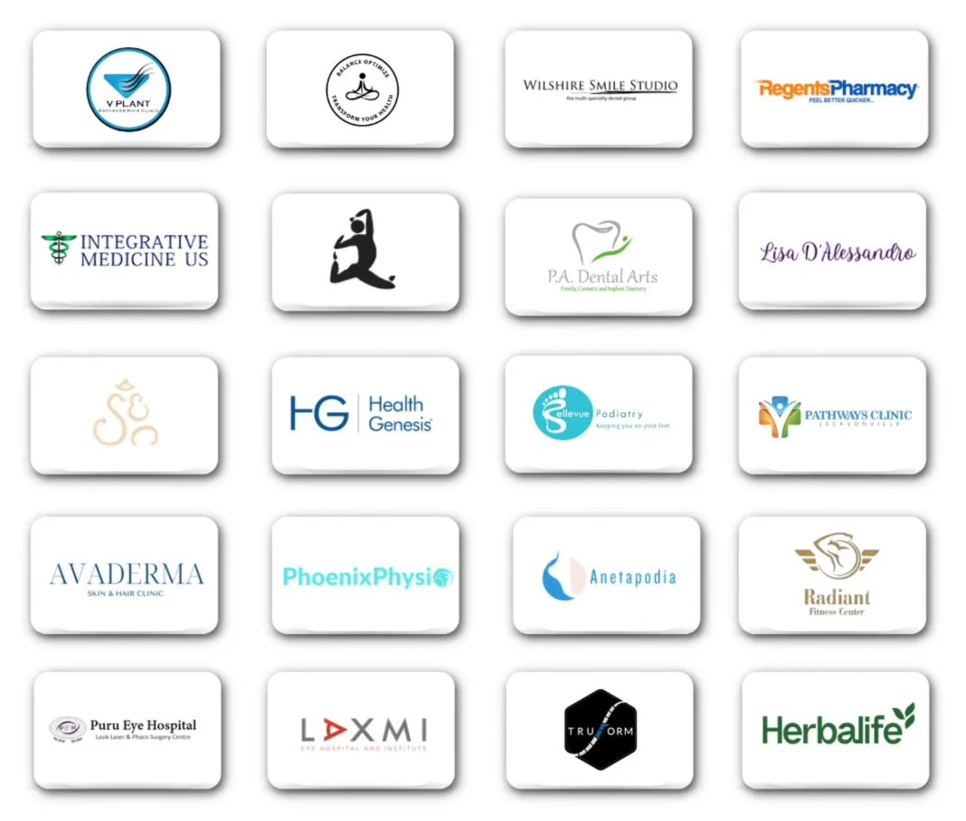 Healthcare clients — V Plant, Integrative Medicine US, PhoenixPhysio, Avaderma, PA Dental Arts, Wilshire Smile Studio, Laxmi Eye Hospital, Puru Eye Hospital and more